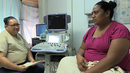 Scene from the ASCC-ACNR Land Grant film “Gestational Diabetes Screening mo lou Lumana’i Manuia”